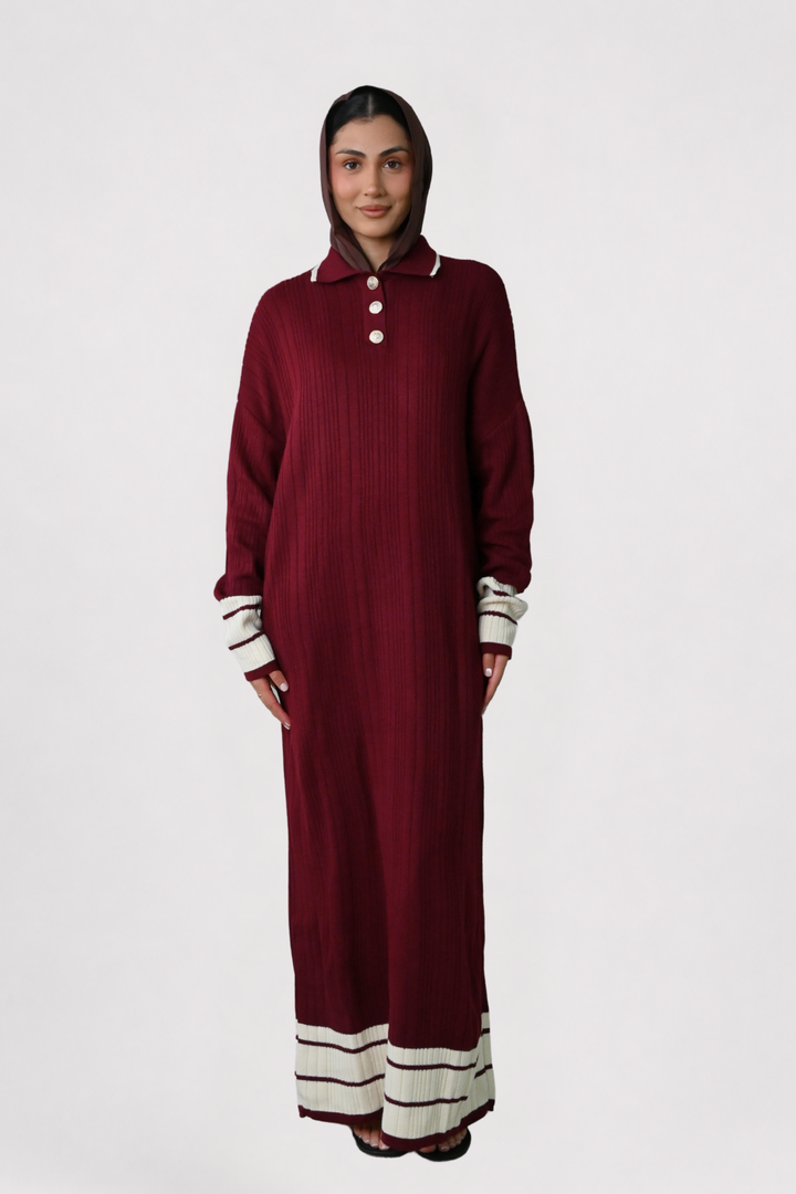 Wine Contrast Rib Knit Dress