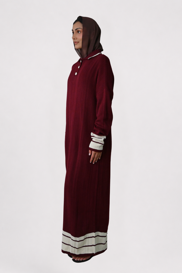 Wine Contrast Rib Knit Dress