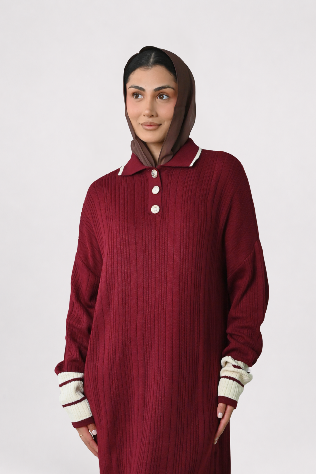 Wine Contrast Rib Knit Dress