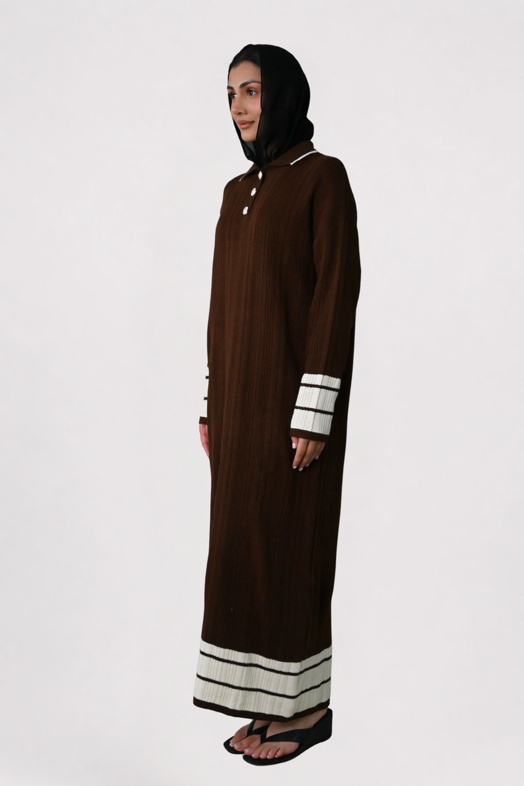 Brown Contrast Rib Knit Dress