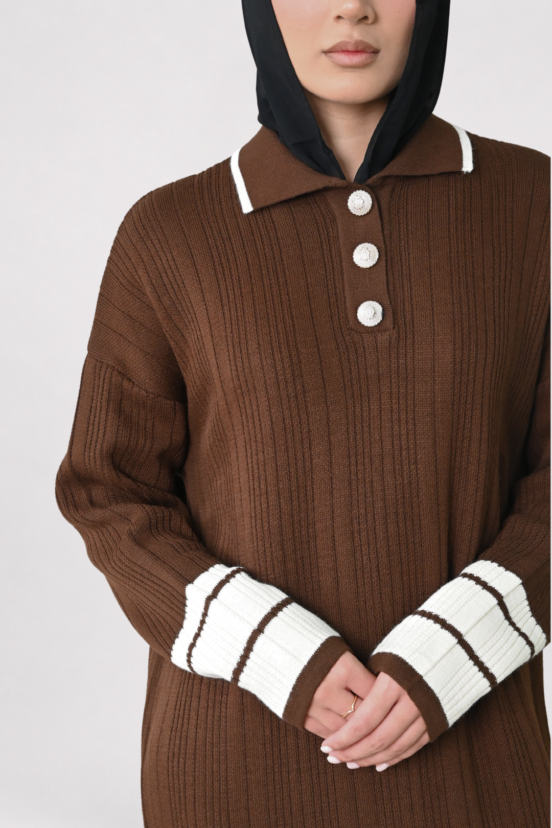 Brown Contrast Rib Knit Dress