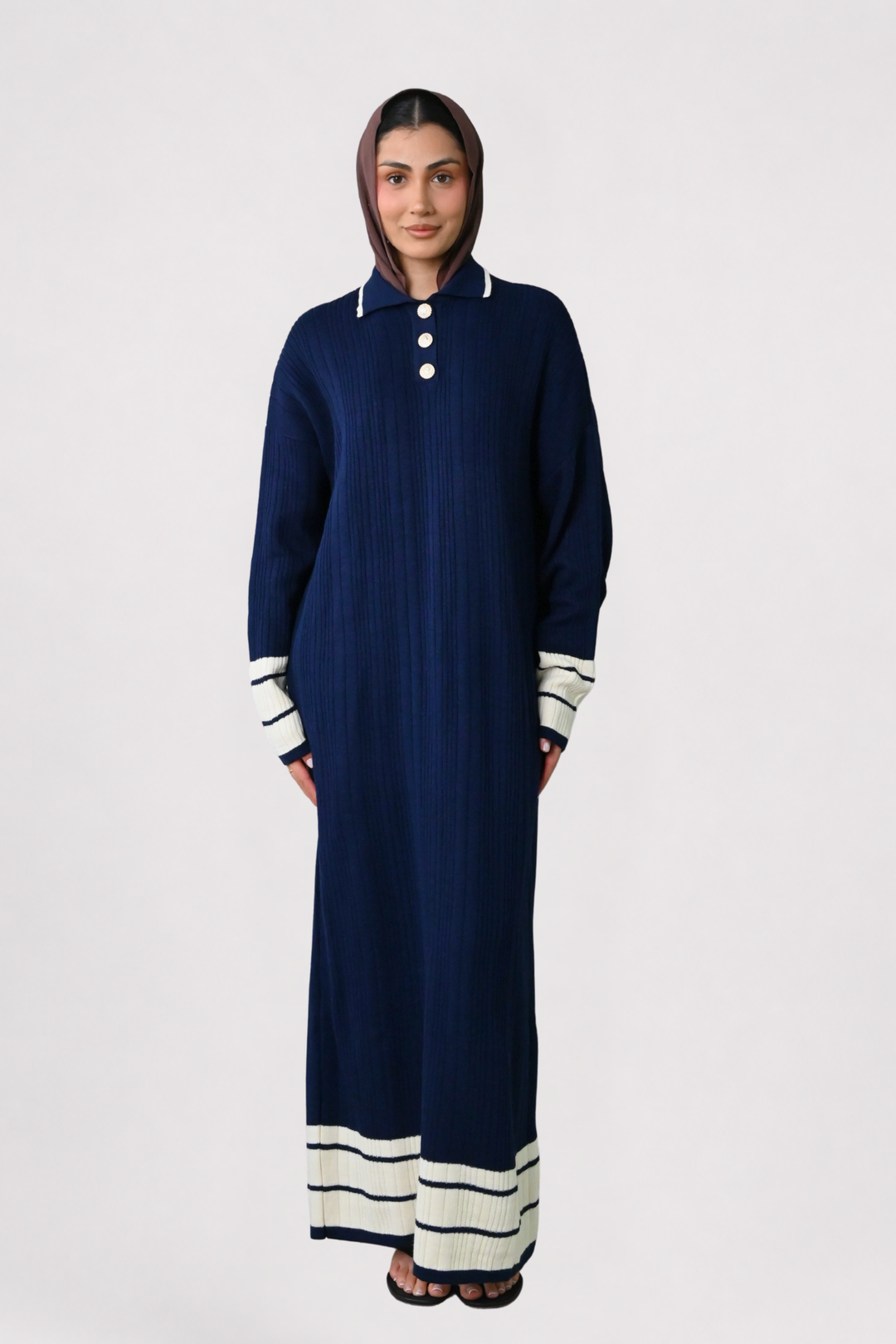 Navy Contrast Rib Knit Dress