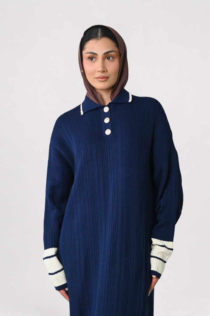 Navy Contrast Rib Knit Dress