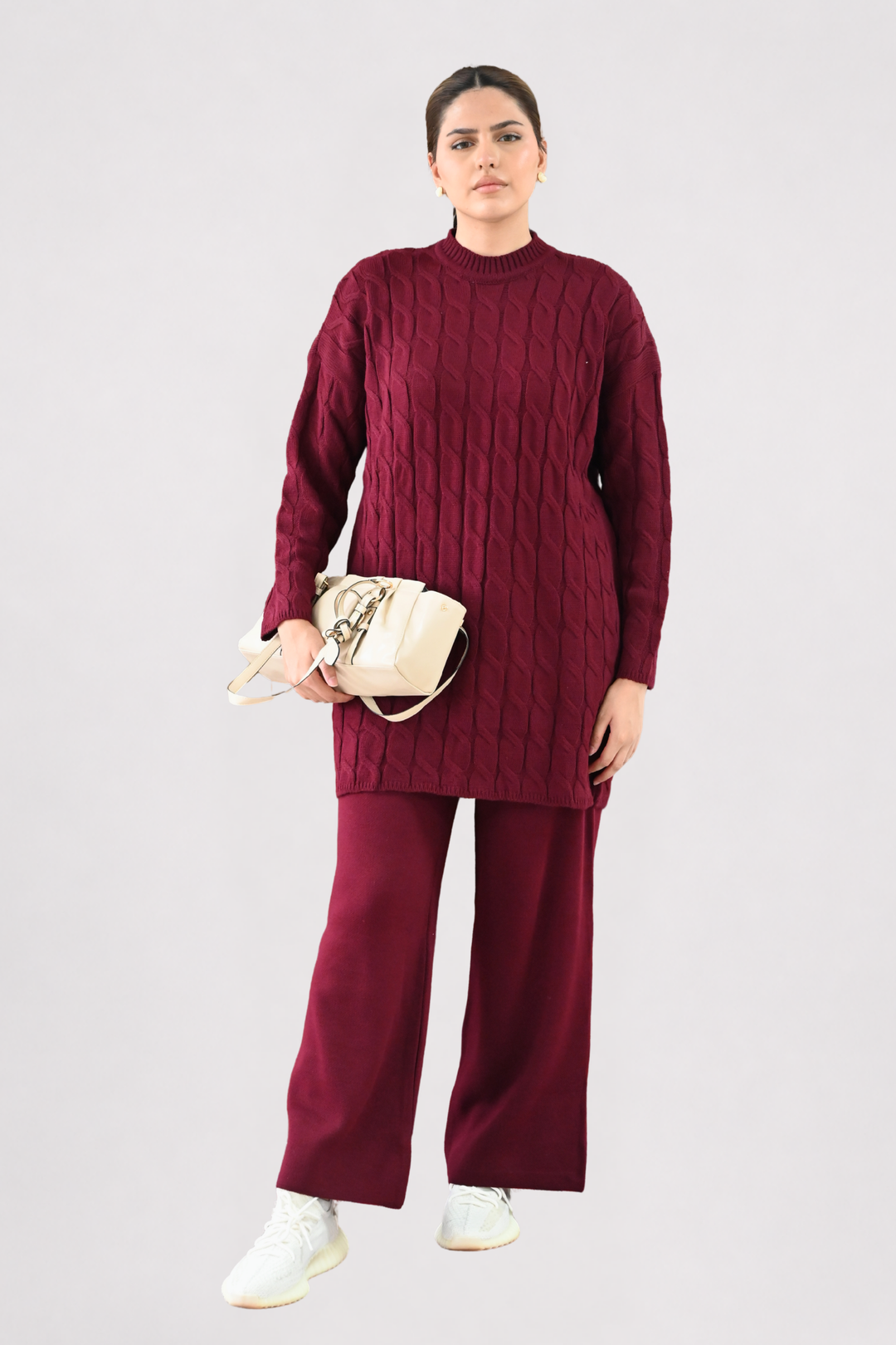 Wine Cable Knit Longline Co-ord