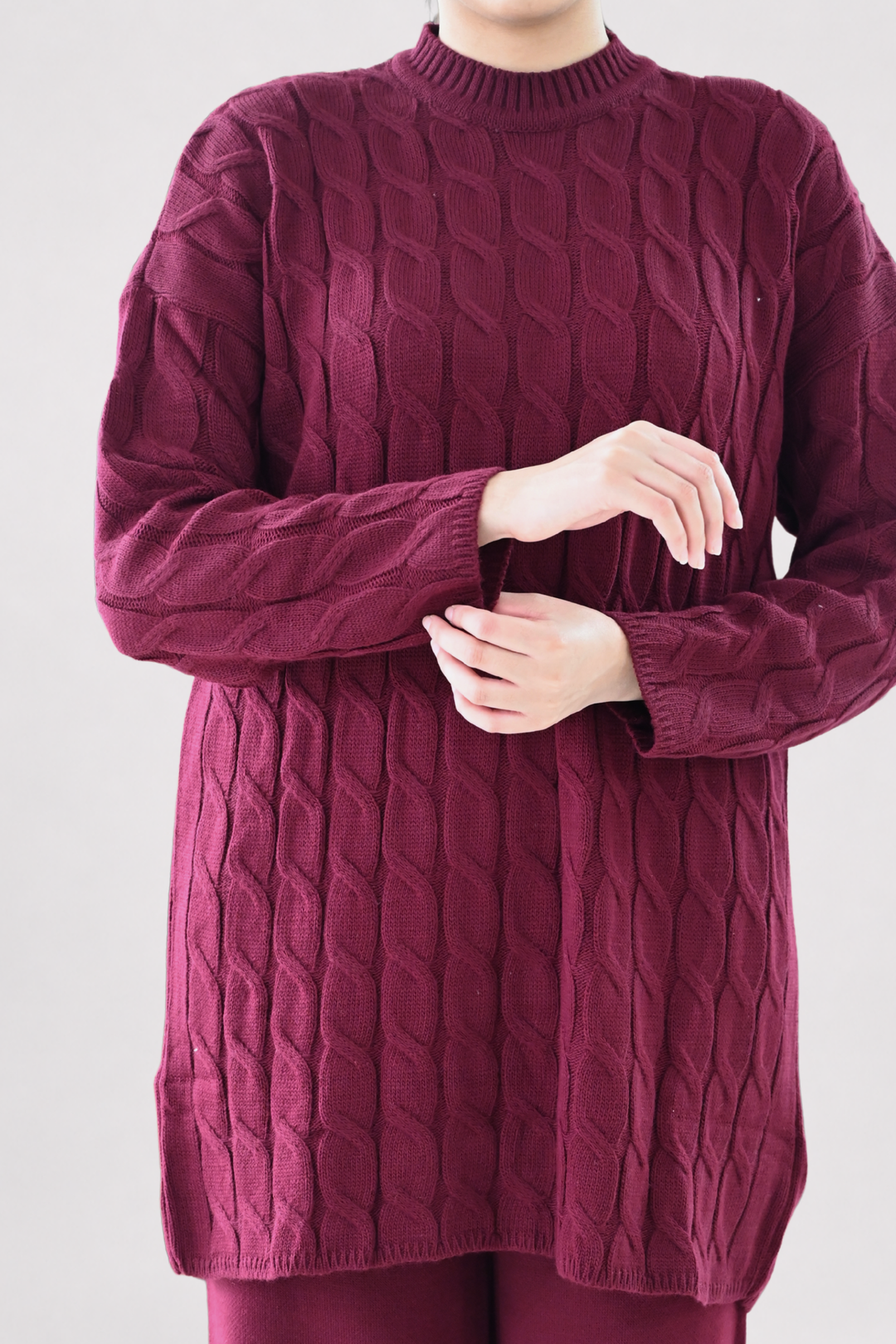 Wine Cable Knit Longline Co-ord