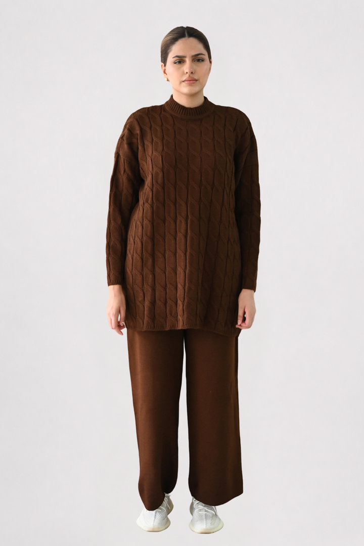 Brown Cable Knit Longline Co-ord
