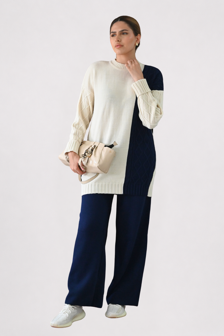 Colour Block Cable Knit Co-ord - Navy