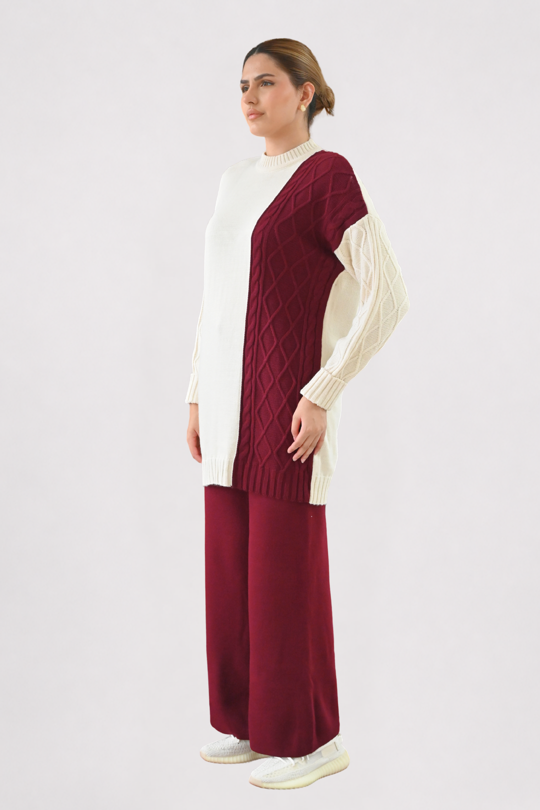 Colour Block Cable Knit Co-ord - Wine