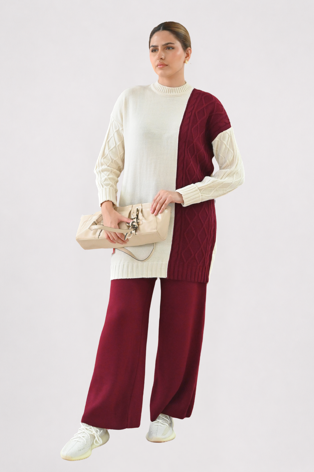 Colour Block Cable Knit Co-ord - Wine