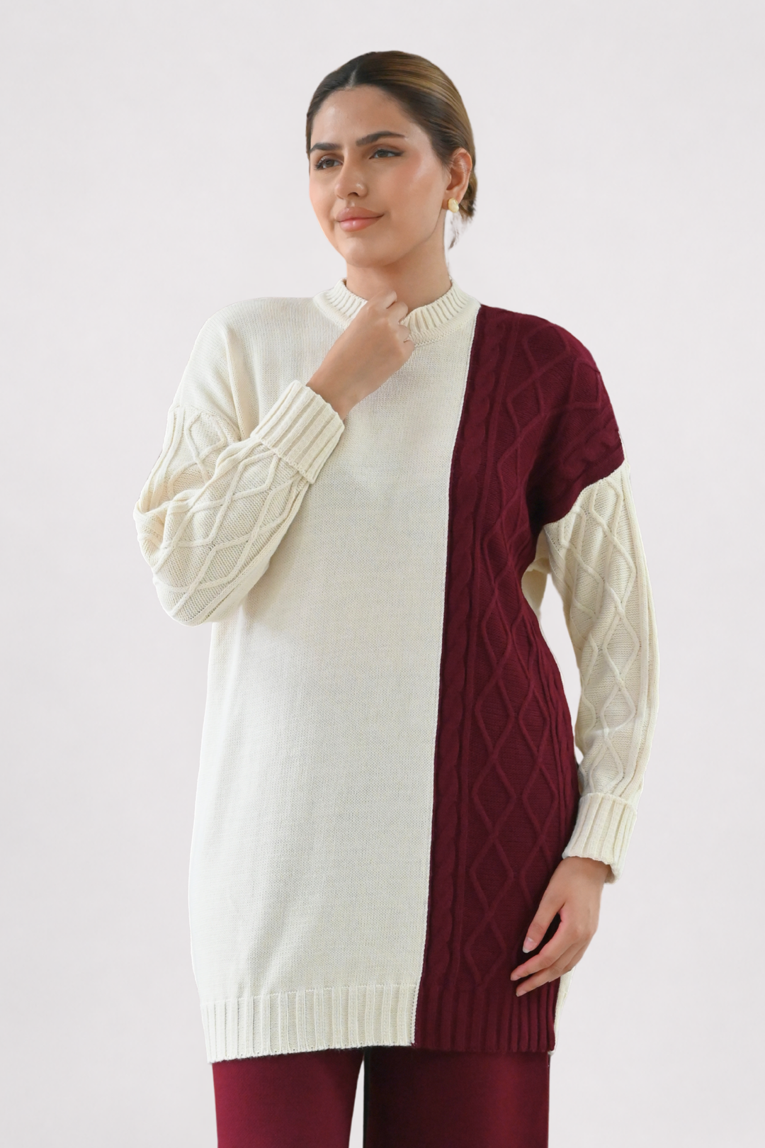 Colour Block Cable Knit Co-ord - Wine