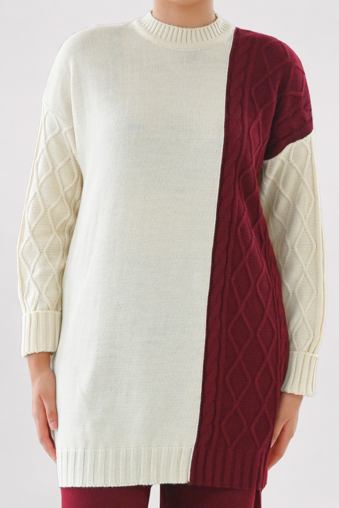 Colour Block Cable Knit Co-ord - Wine