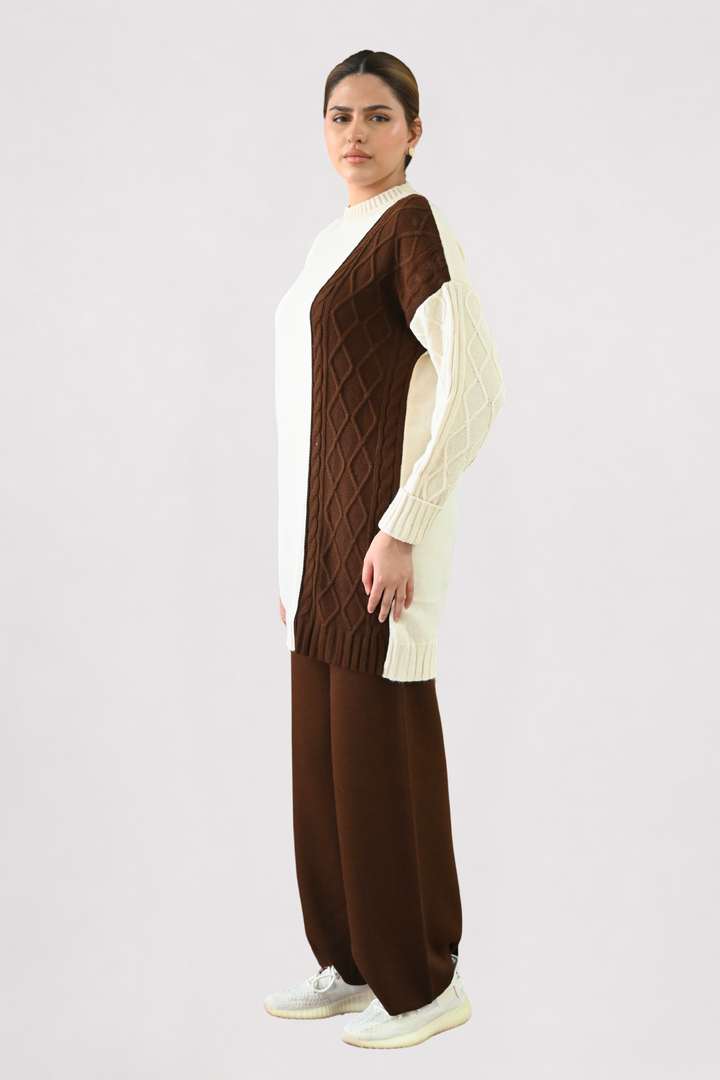 Colour Block Cable Knit Co-ord - Brown