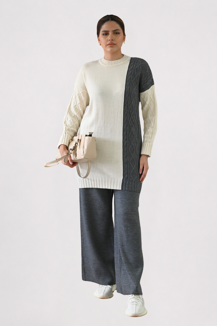Colour Block Cable Knit Co-ord - Grey