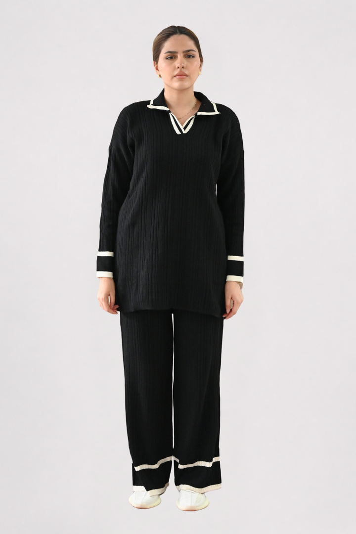 Contrast Collar Ribbed Knit Co-ord - Black