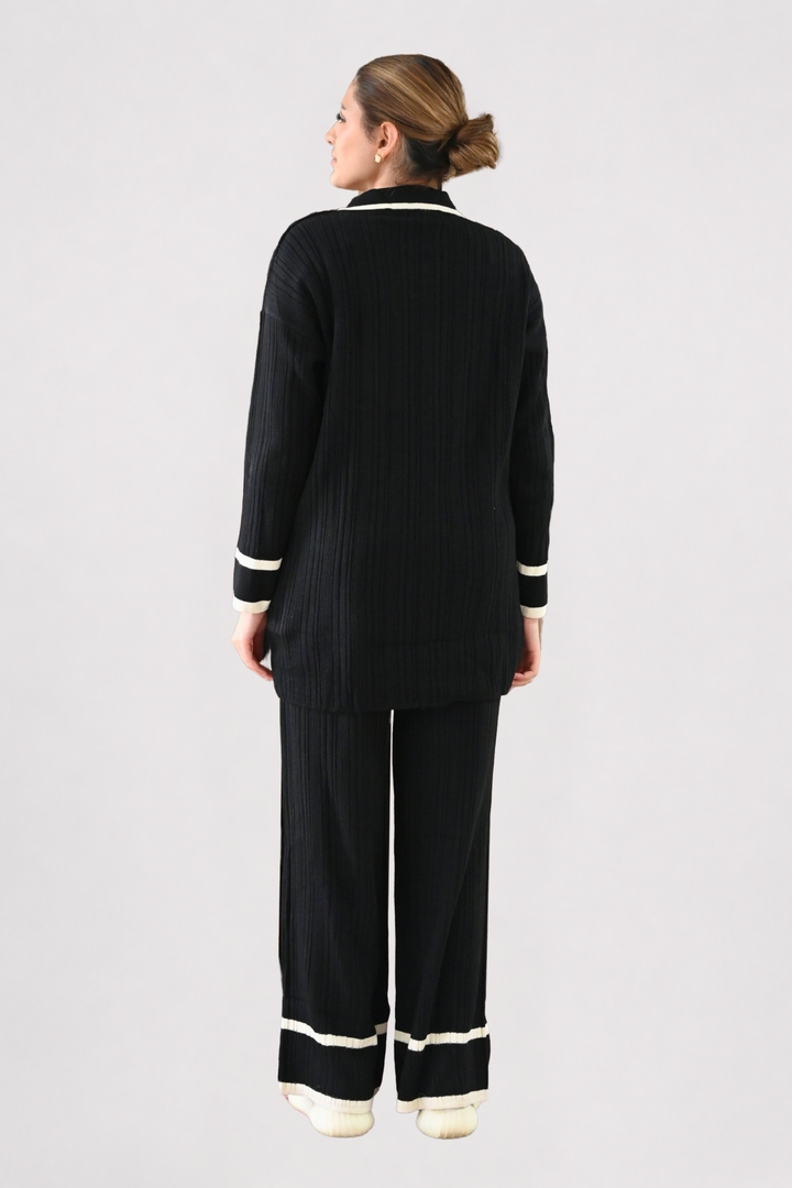 Contrast Collar Ribbed Knit Co-ord - Black