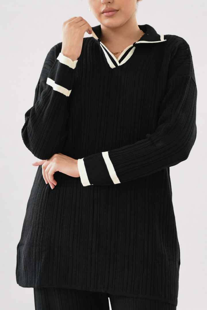 Contrast Collar Ribbed Knit Co-ord - Black