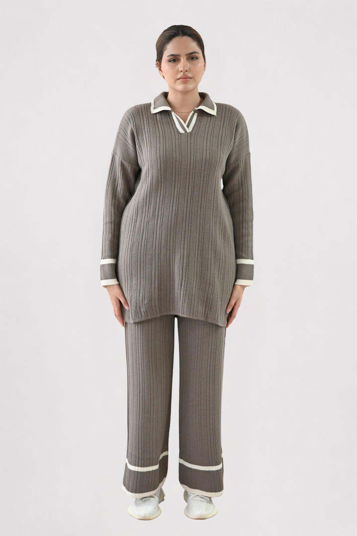 Contrast Collar Ribbed Knit Co-ord - Mocha
