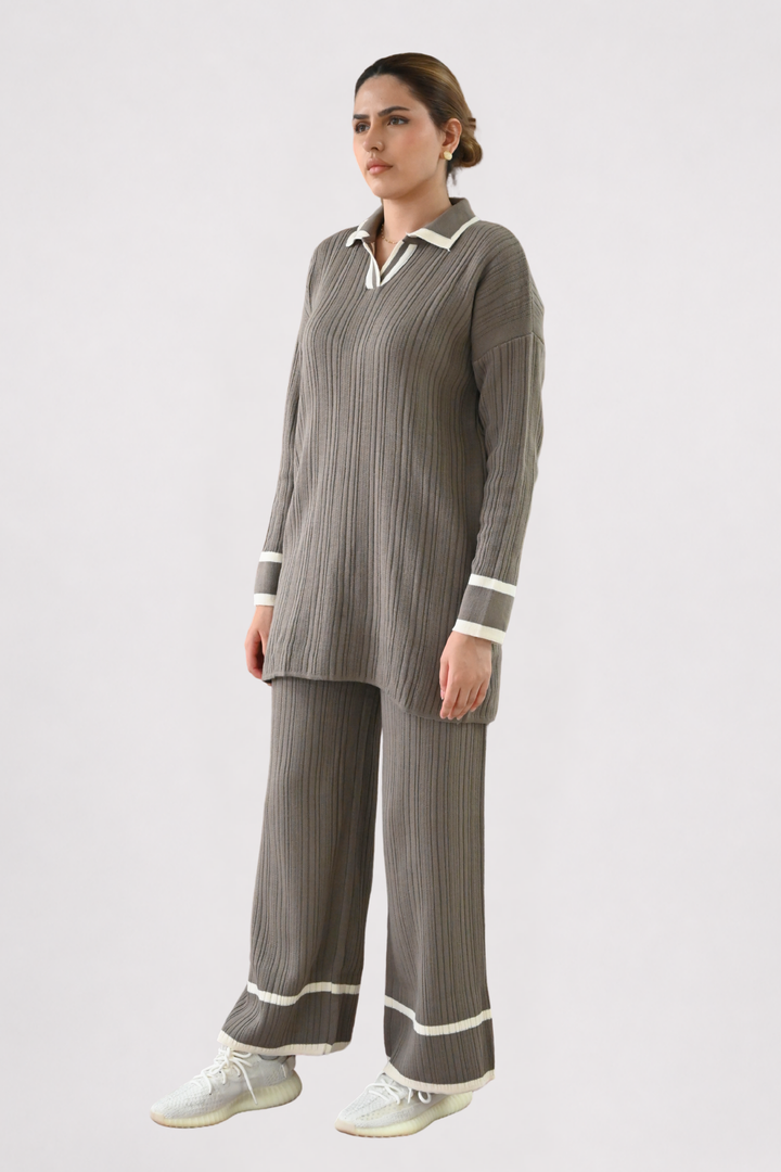 Contrast Collar Ribbed Knit Co-ord - Mocha