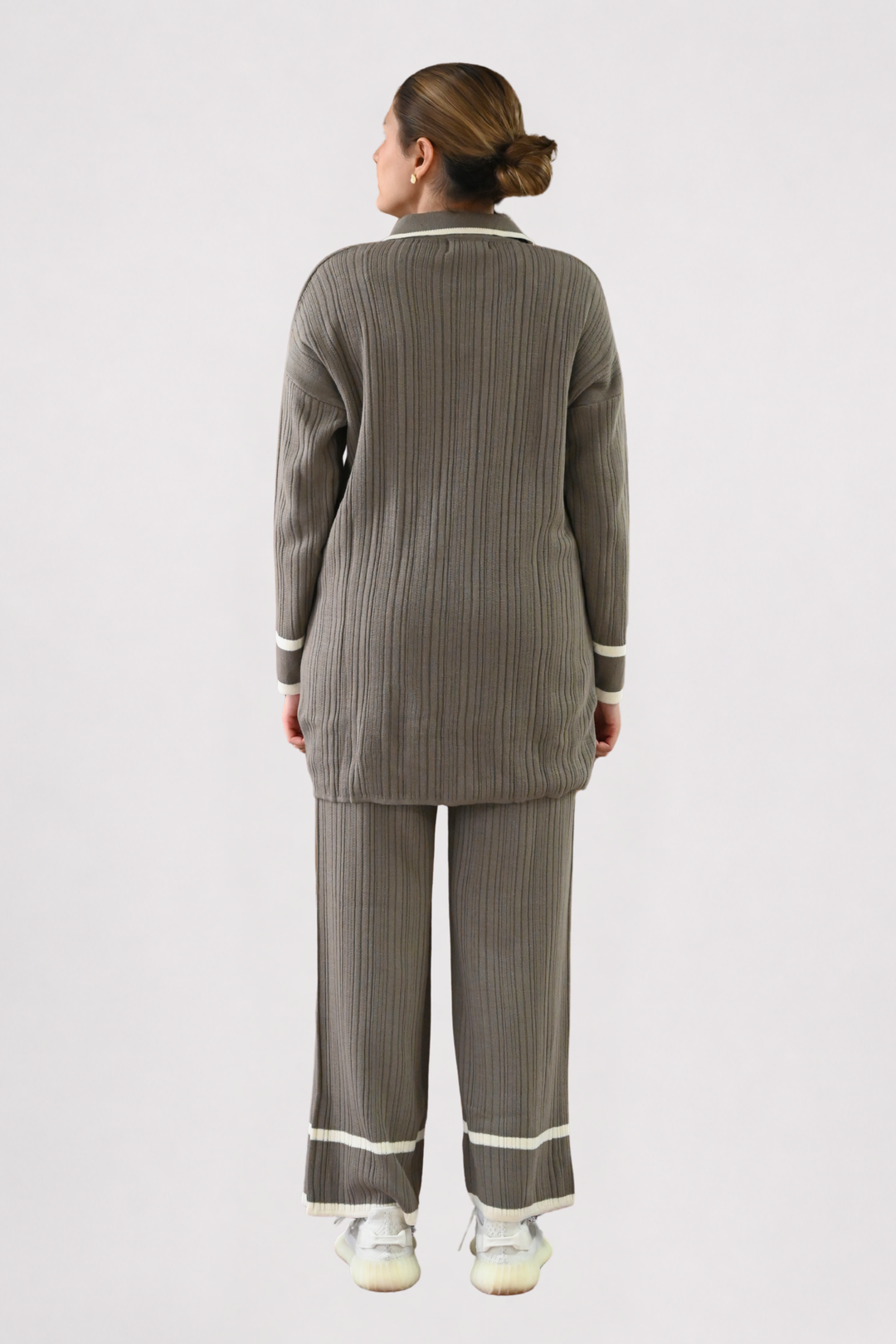 Contrast Collar Ribbed Knit Co-ord - Mocha