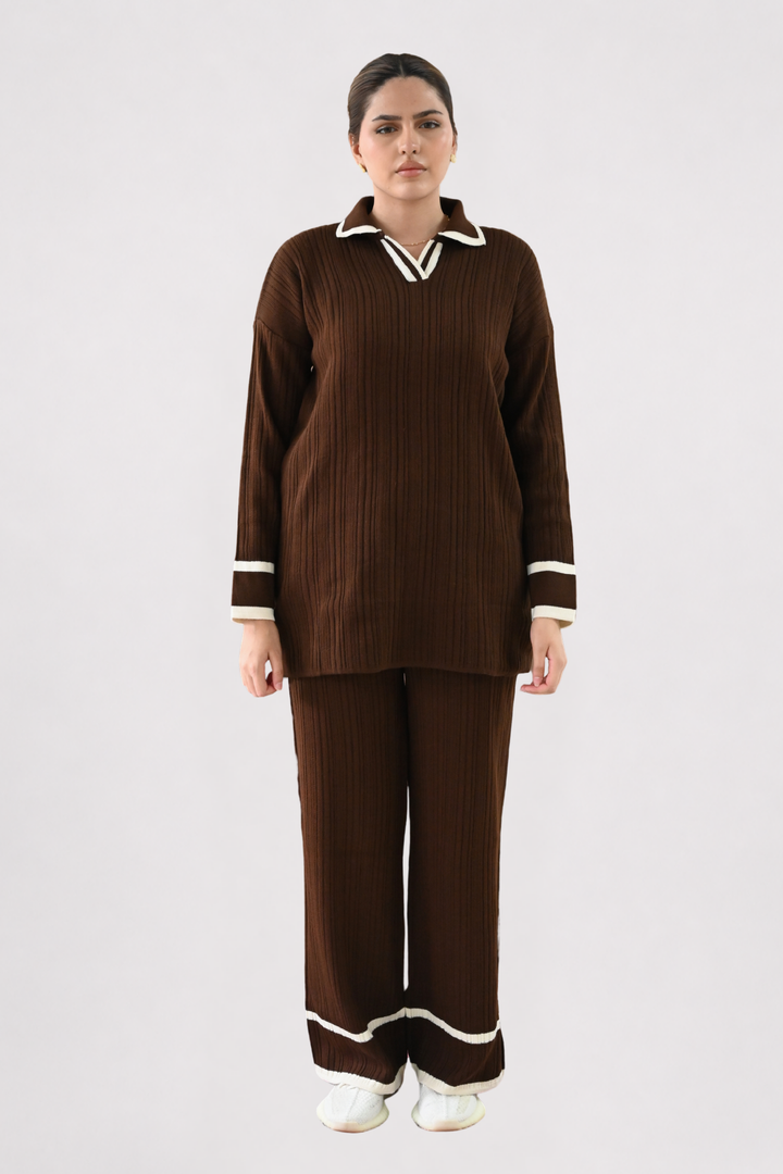 Contrast Collar Ribbed Knit Co-ord - Brown