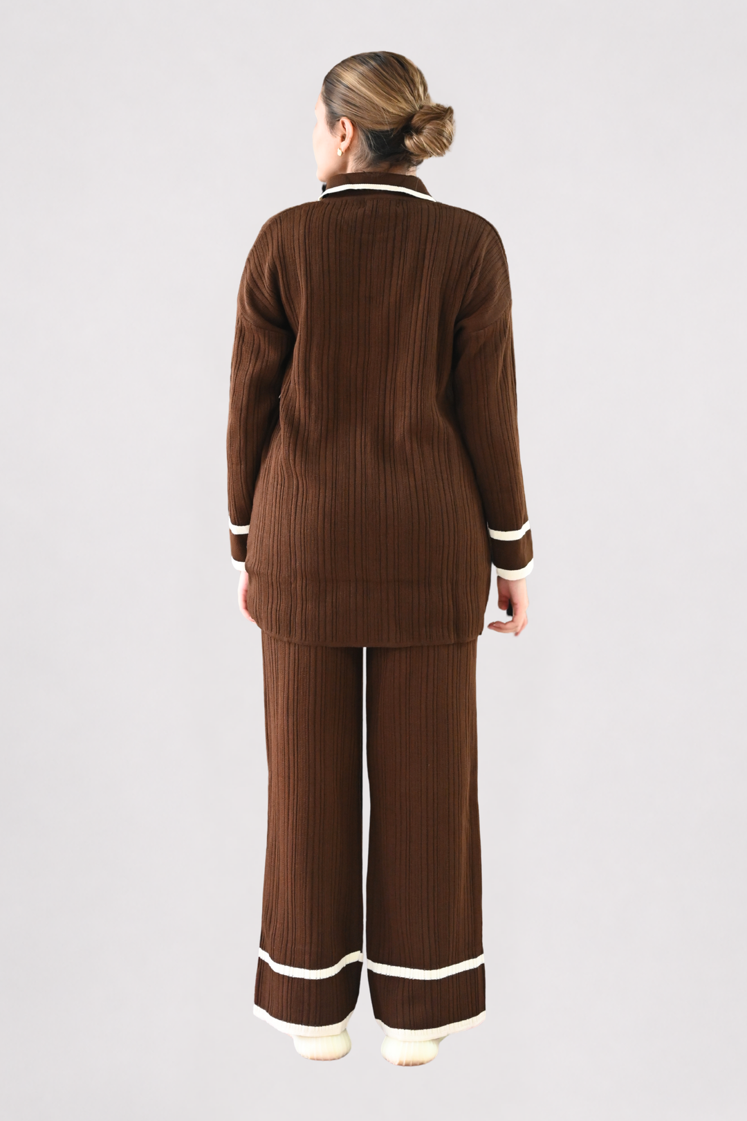 Contrast Collar Ribbed Knit Co-ord - Brown