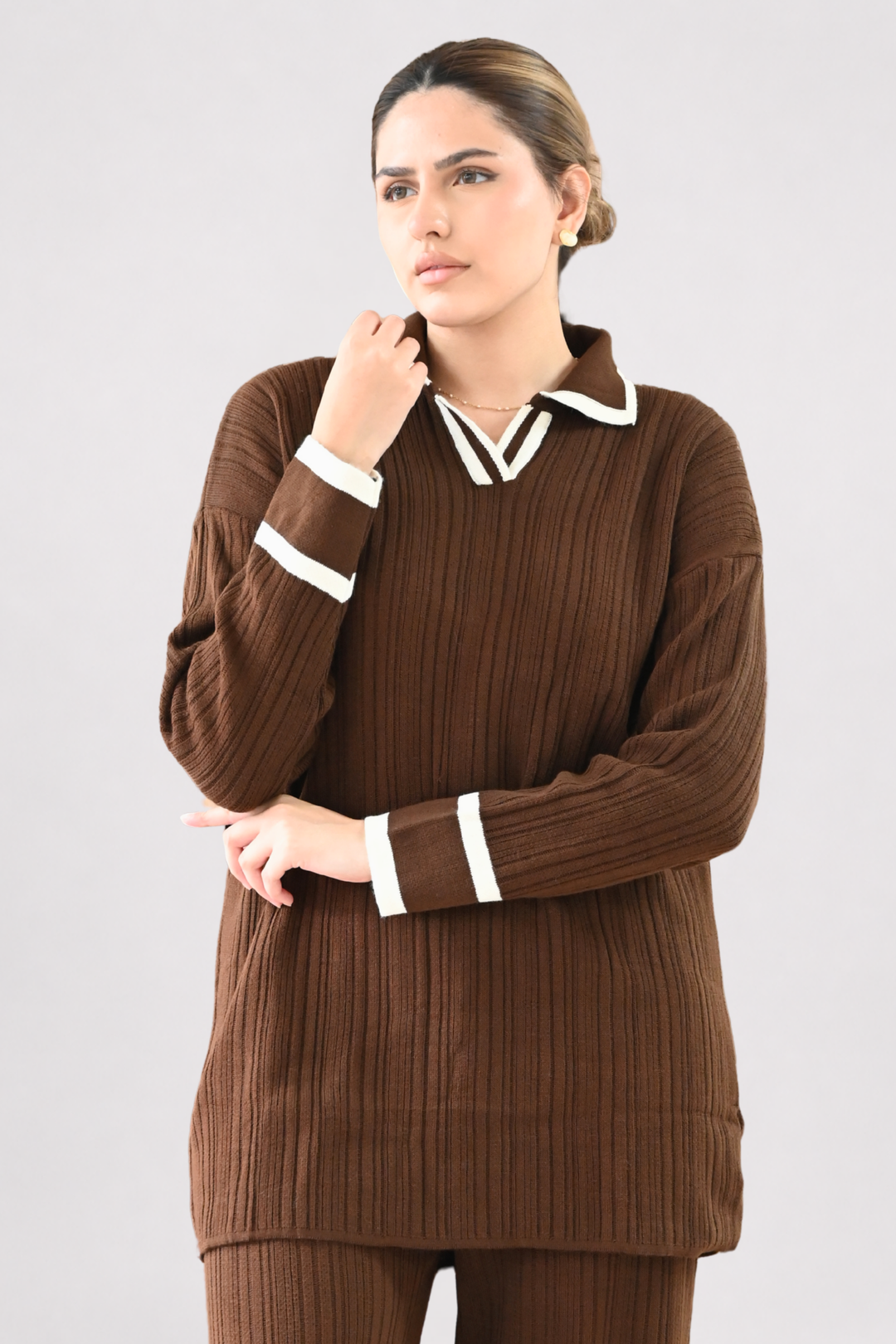 Contrast Collar Ribbed Knit Co-ord - Brown