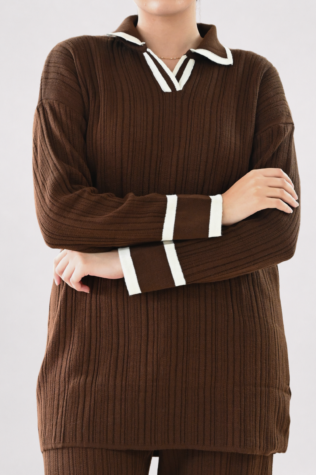 Contrast Collar Ribbed Knit Co-ord - Brown