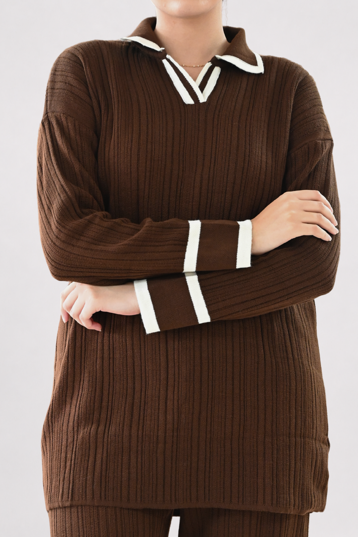 Contrast Collar Ribbed Knit Co-ord - Brown