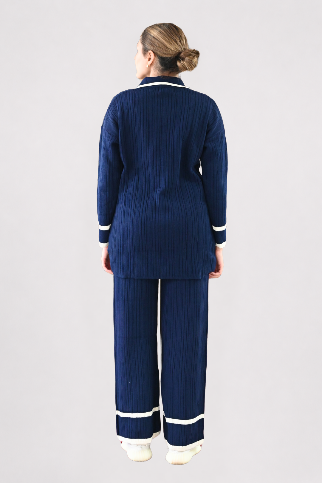 Contrast Collar Ribbed Knit Co-ord - Navy