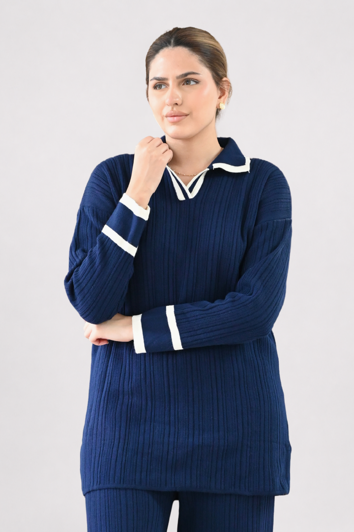 Contrast Collar Ribbed Knit Co-ord - Navy