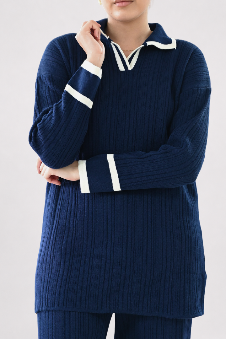 Contrast Collar Ribbed Knit Co-ord - Navy