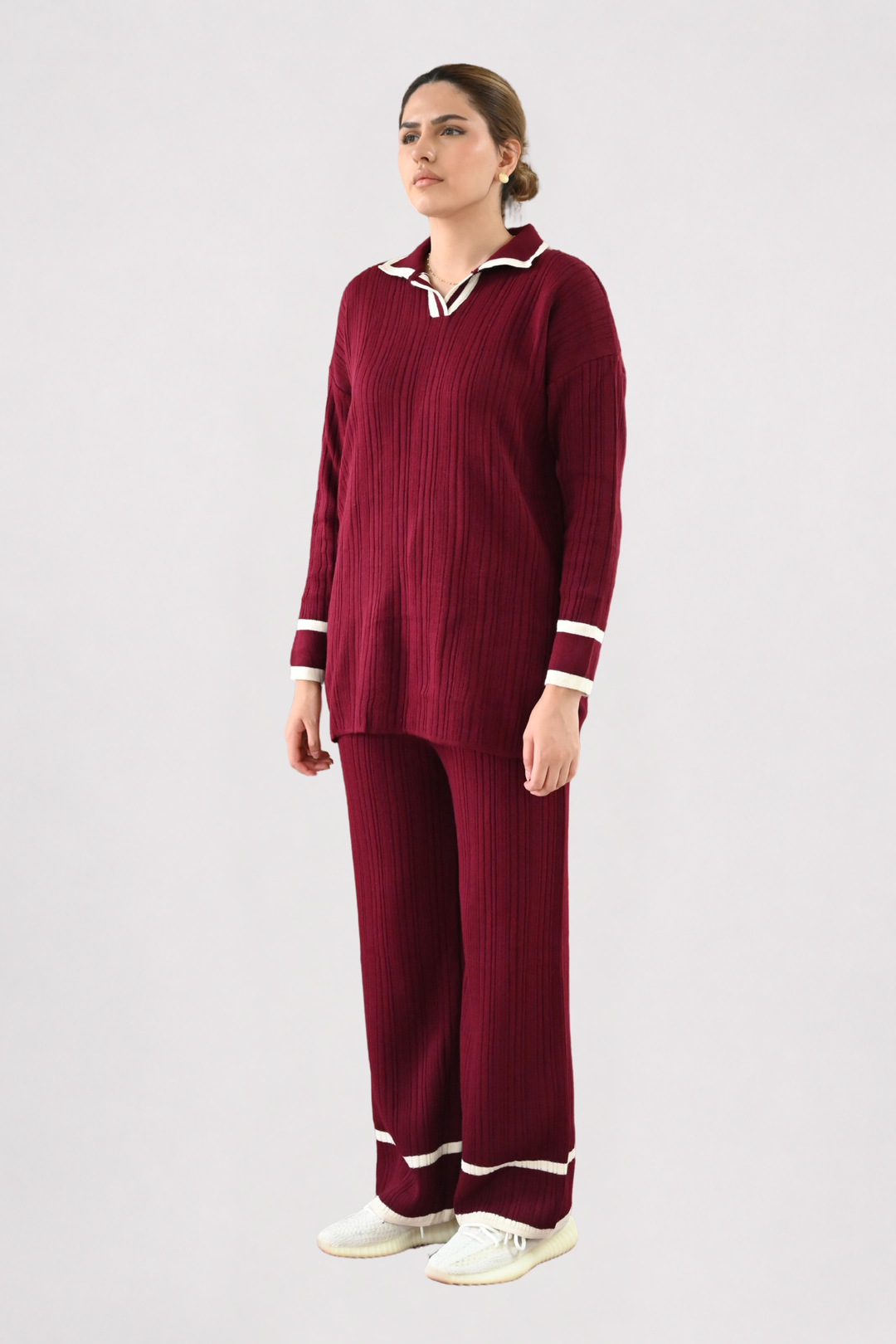 Contrast Collar Ribbed Knit Co-ord - Wine