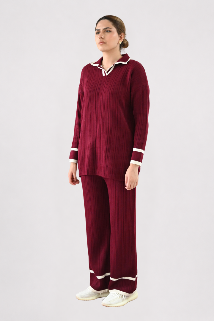 Contrast Collar Ribbed Knit Co-ord - Wine