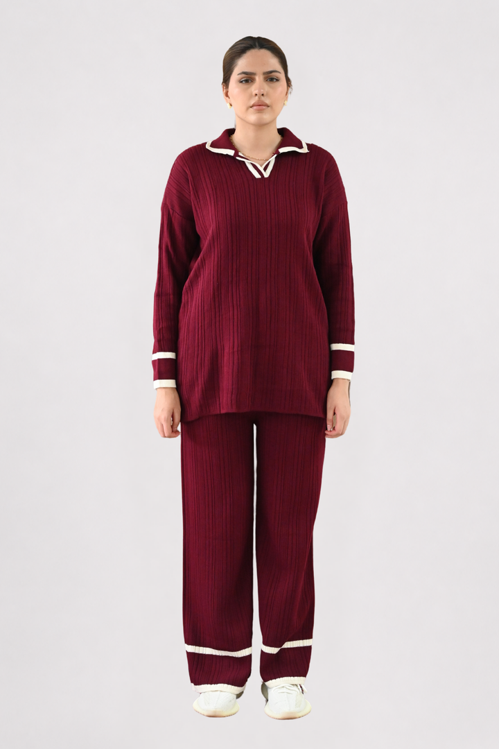 Contrast Collar Ribbed Knit Co-ord - Wine