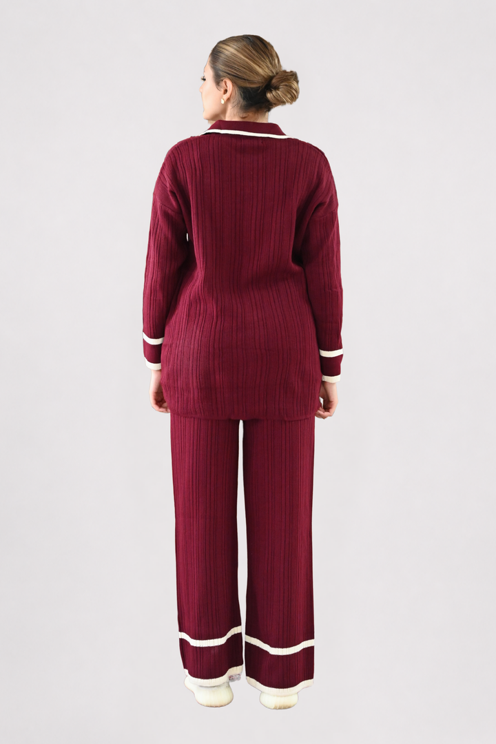 Contrast Collar Ribbed Knit Co-ord - Wine
