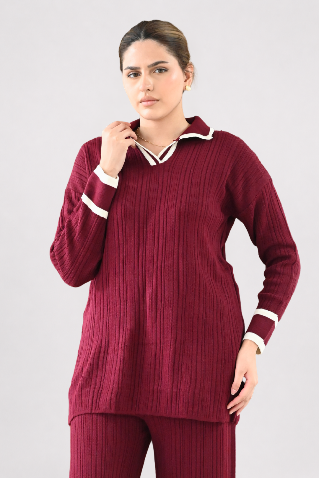 Contrast Collar Ribbed Knit Co-ord - Wine