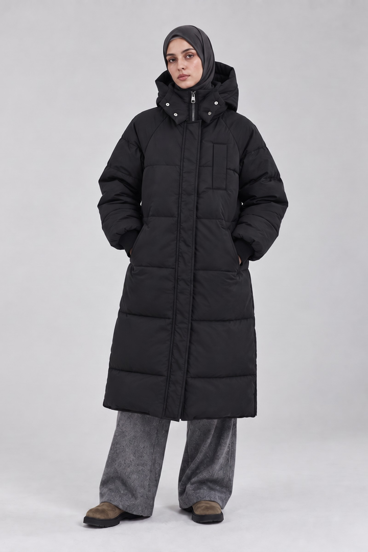 Longline Hooded Puffer Coat - Black