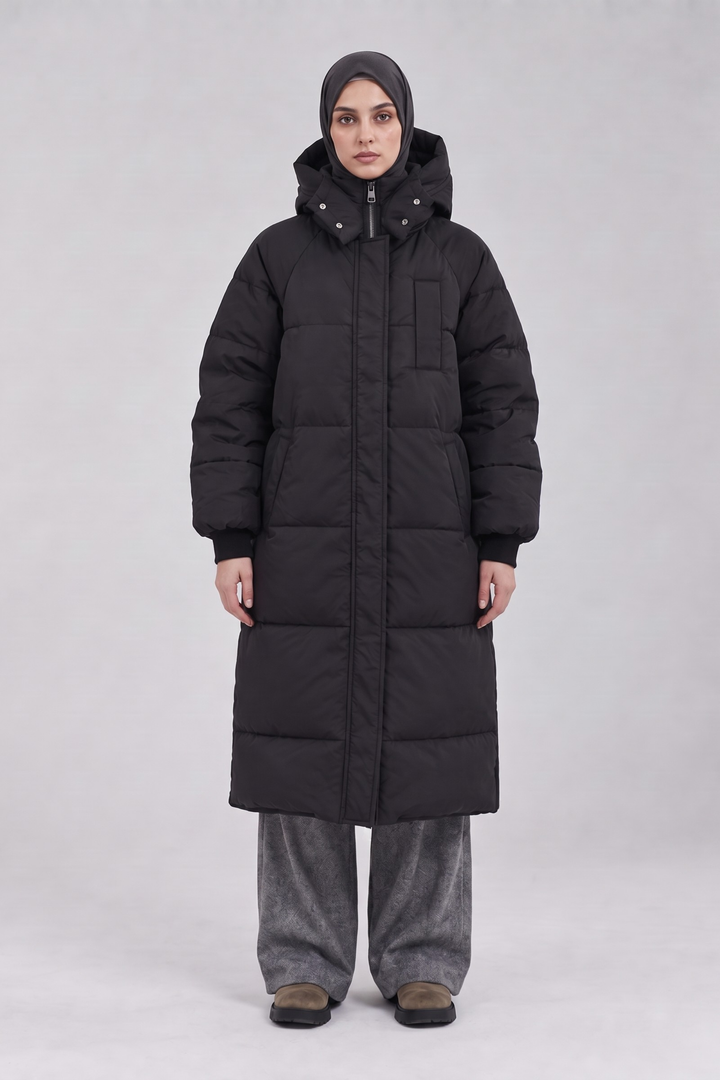 Longline Hooded Puffer Coat - Black
