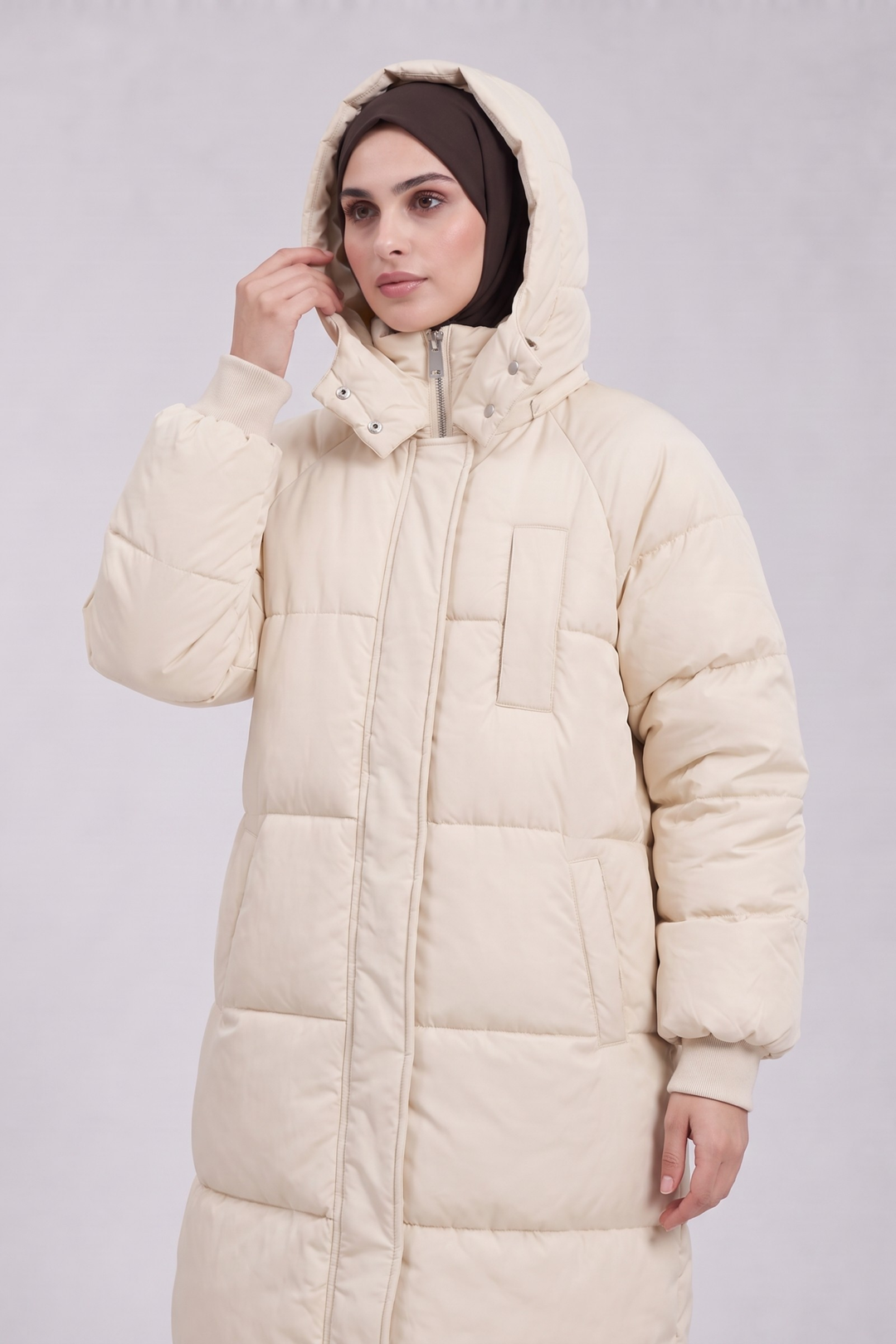 Longline Hooded Puffer Coat - Stone