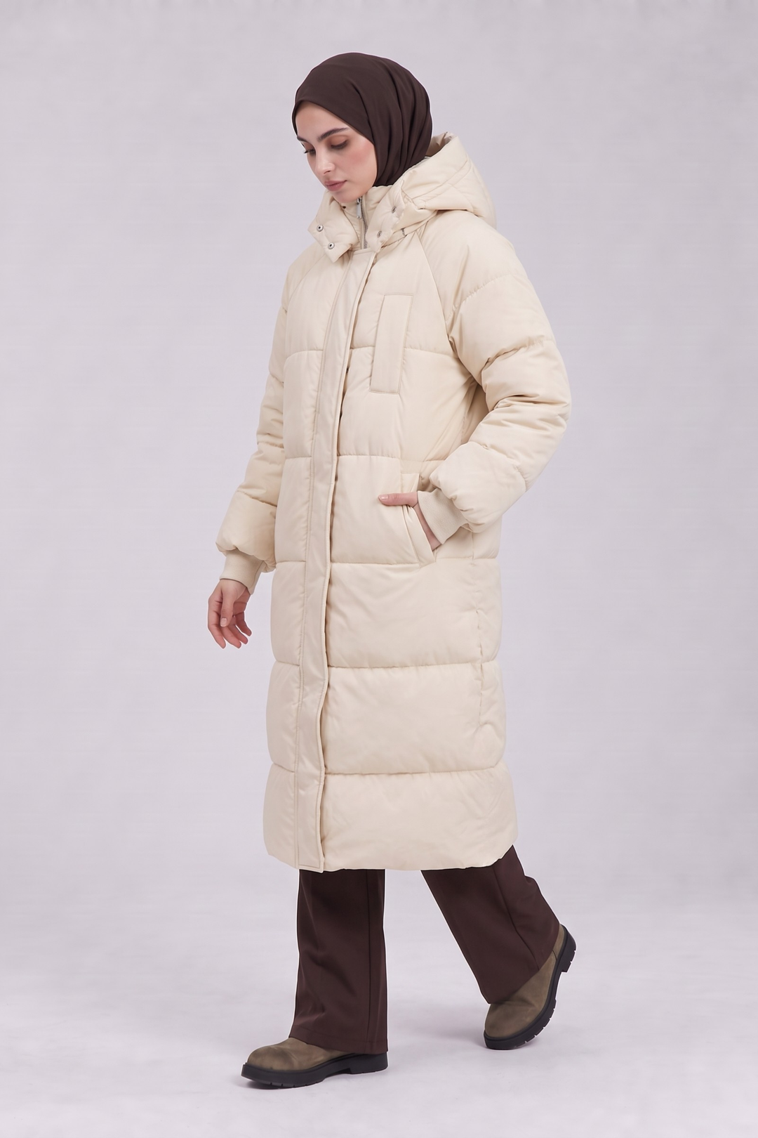 Longline Hooded Puffer Coat - Stone
