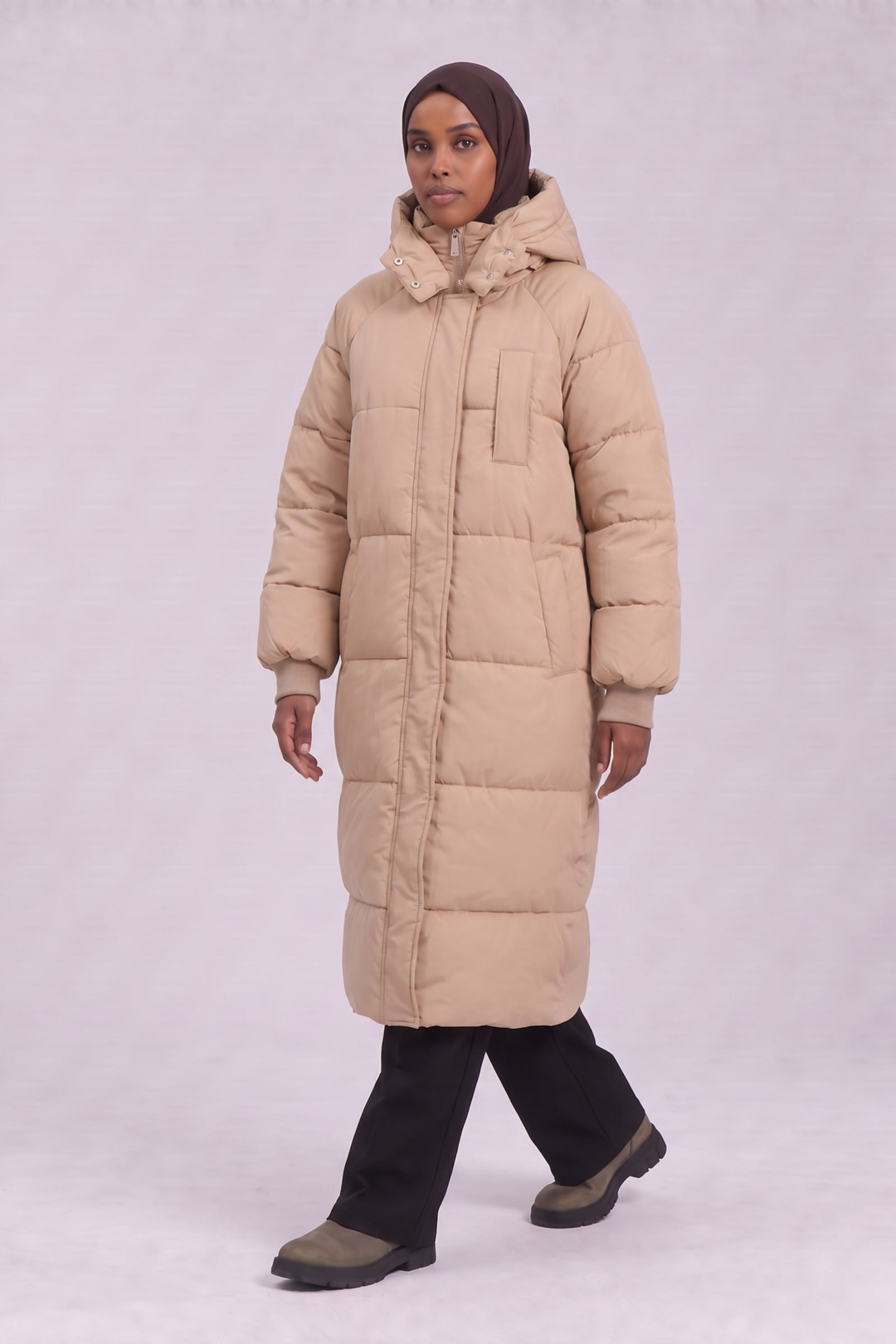 Longline Hooded Puffer Coat - Beige