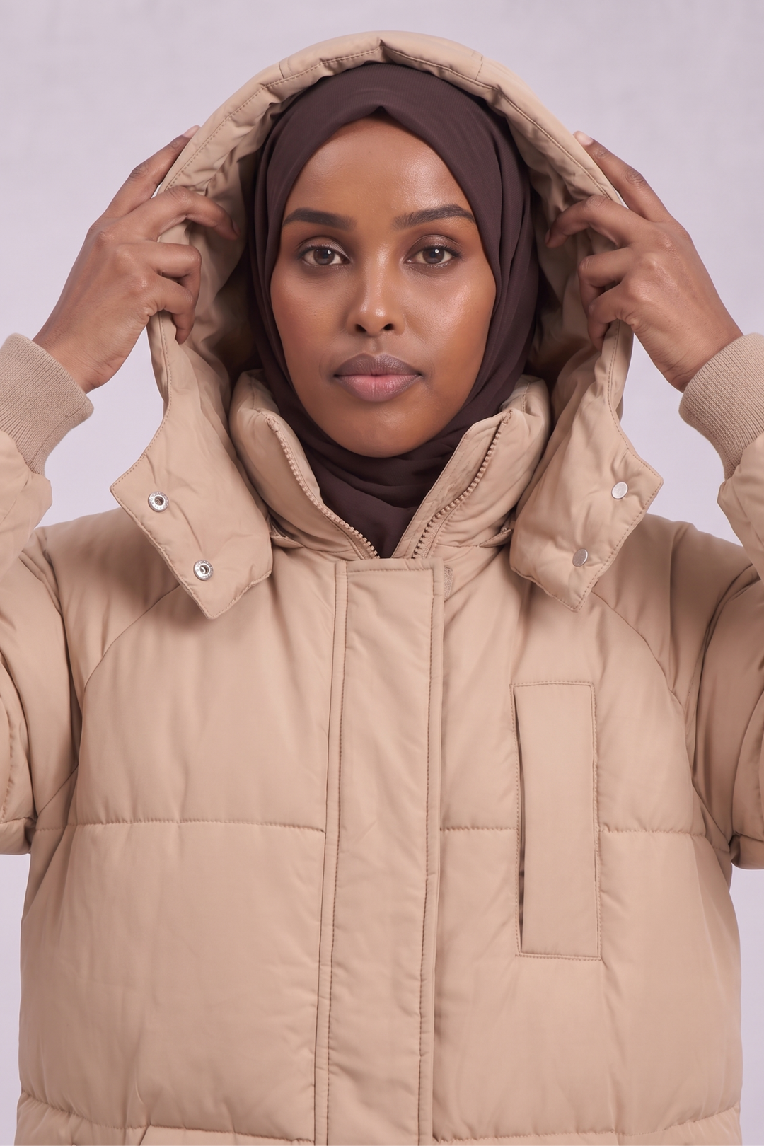 Longline Hooded Puffer Coat - Beige