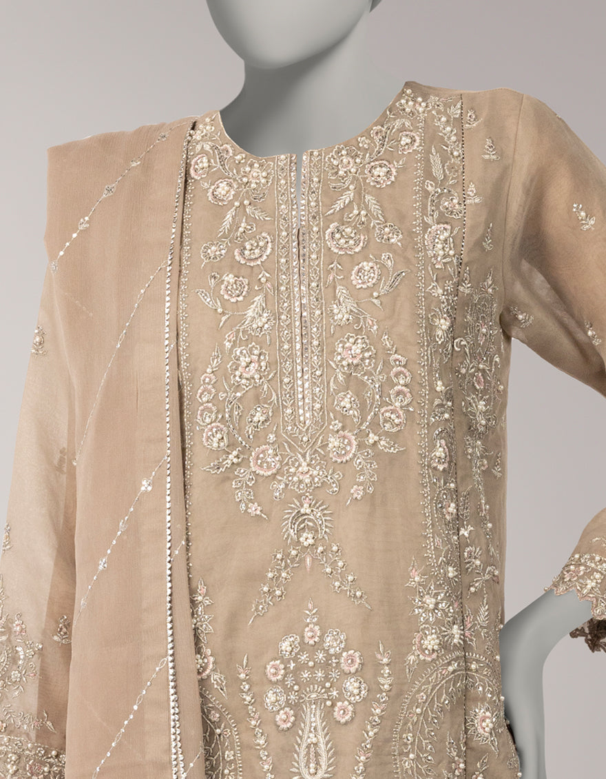 Organza Beige Unstitched Suit - J. Junaid Jamshed