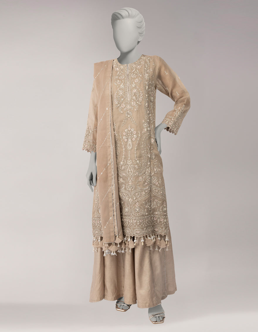 Organza Beige Unstitched Suit - J. Junaid Jamshed