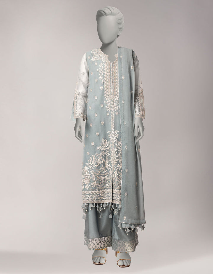 Organza Blue Unstitched Suit - J. Junaid Jamshed
