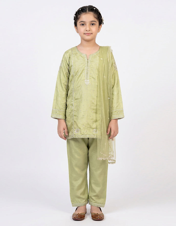 Raw Silk Green Stitched Suit - J. Junaid Jamshed