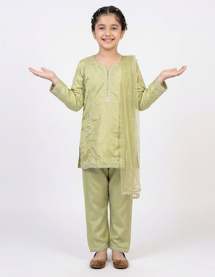 Raw Silk Green Stitched Suit - J. Junaid Jamshed