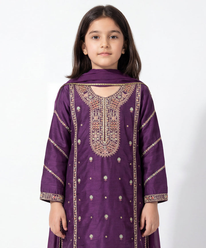 Raw Silk Purple Stitched Suit - J. Junaid Jamshed