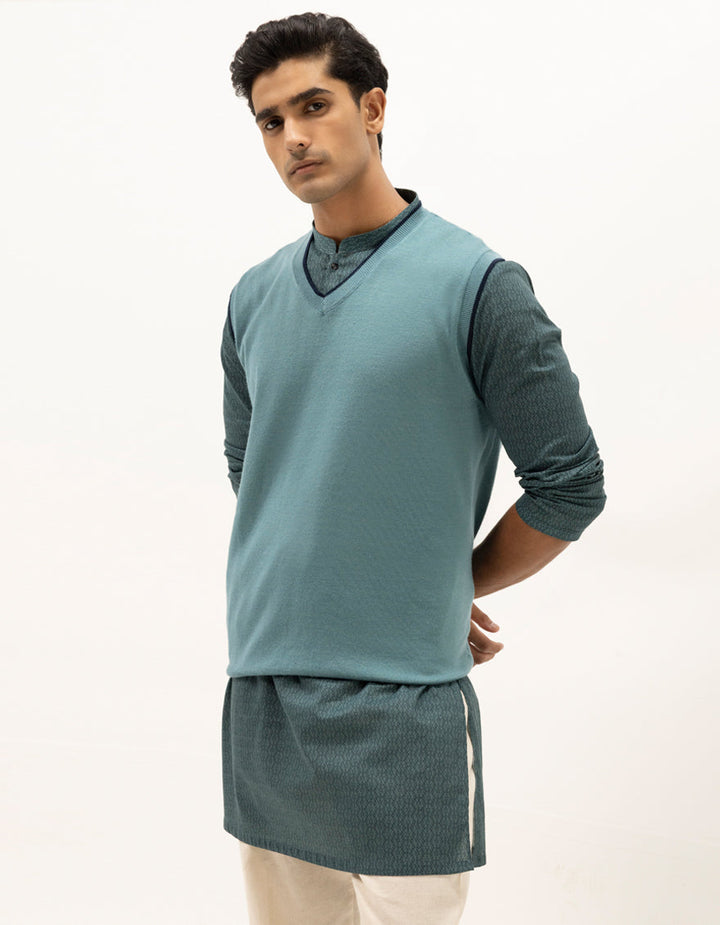 LEO - SEA GREEN SLEEVLESS V-NECK SWEATER - J. Junaid Jamshed