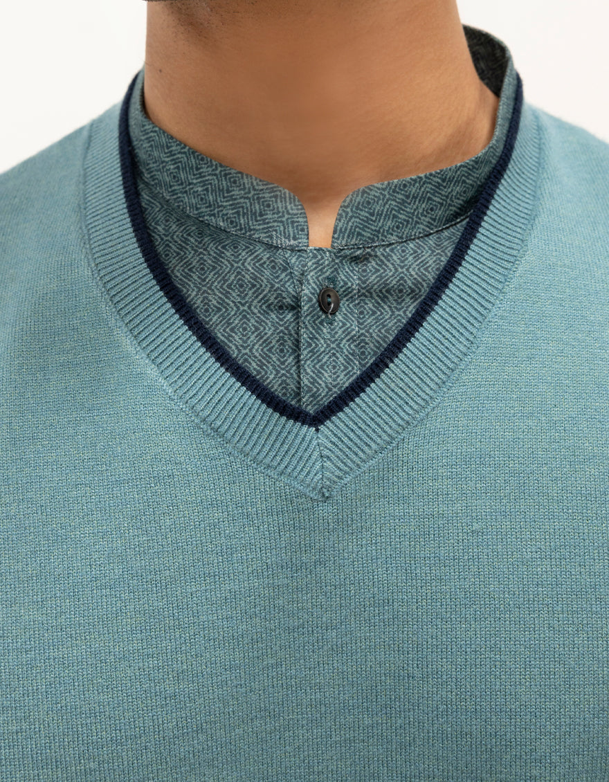 LEO - SEA GREEN SLEEVLESS V-NECK SWEATER - J. Junaid Jamshed